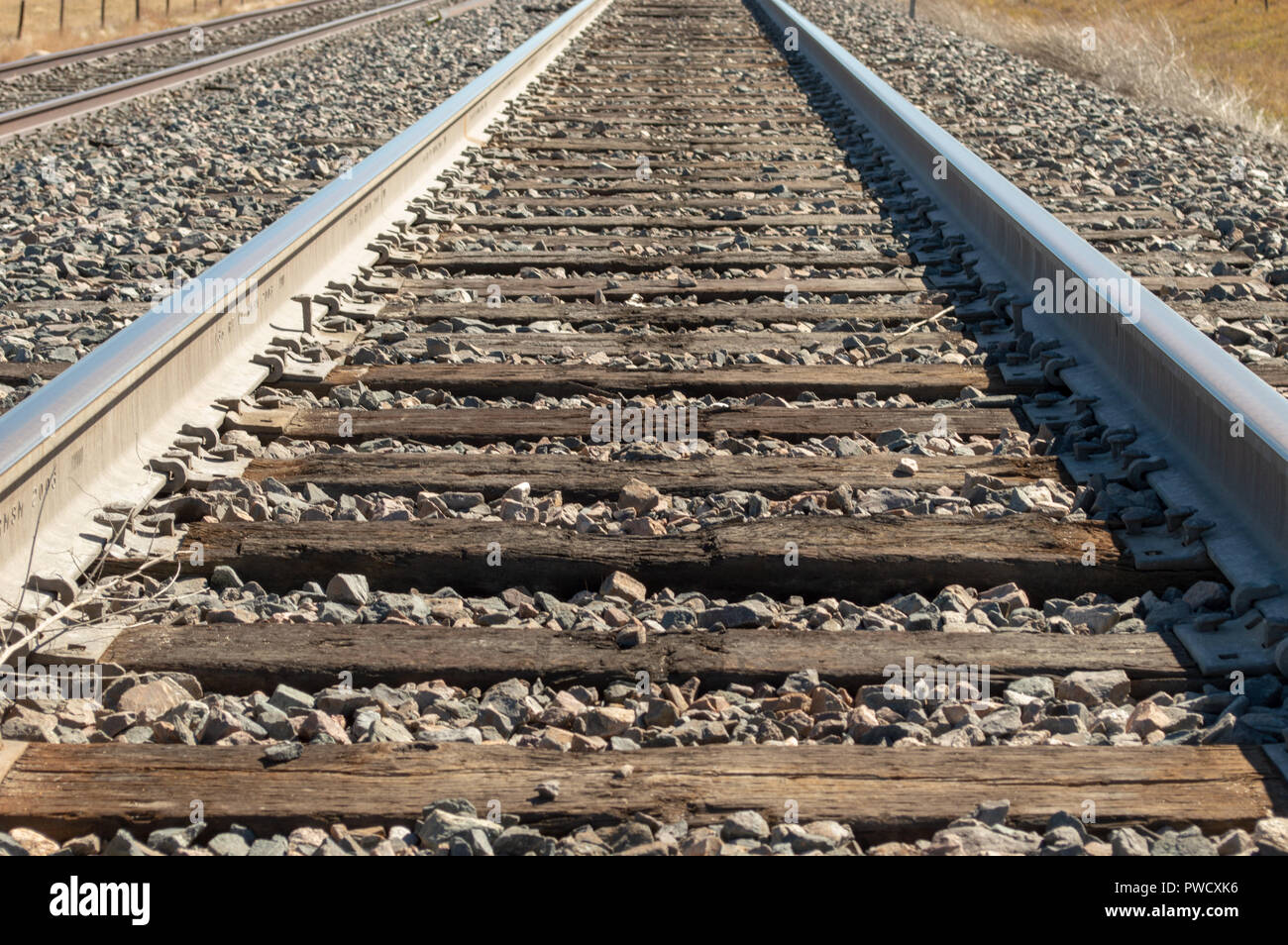 Nahaufnahme von Colorado Railroad Track in die Ferne führenden Stockfoto