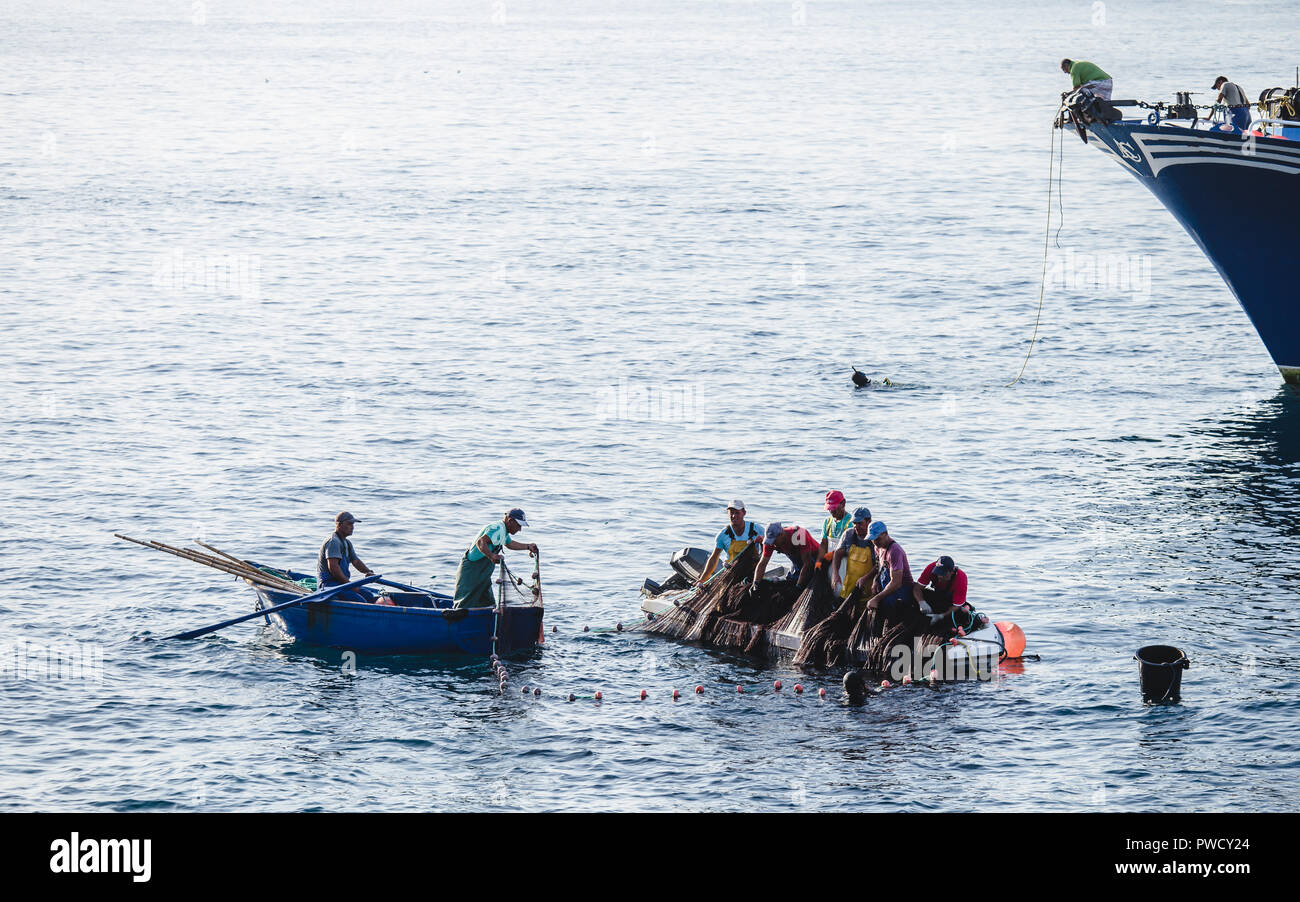 Männer angeln in der Stadt Funchal auf der Insel Madeira, Portugal, Oktober 2018. Stockfoto