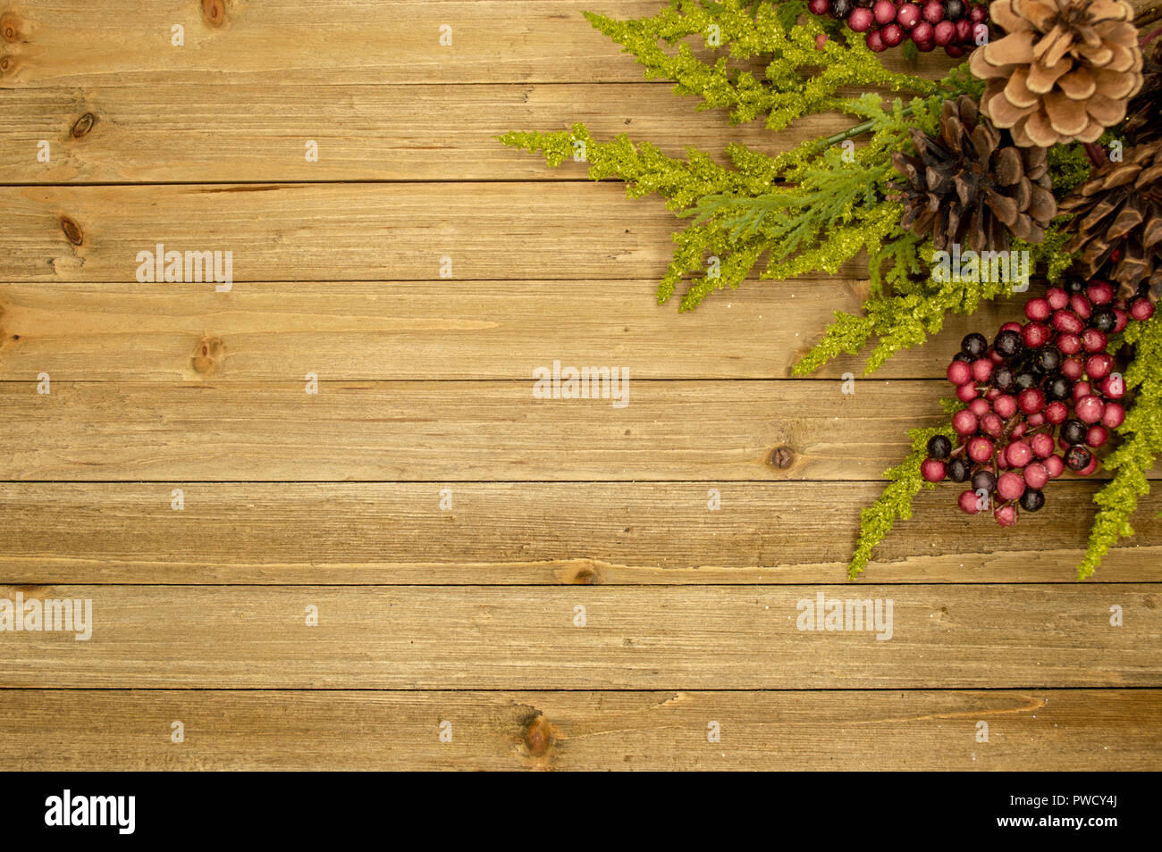 Rustikale Holz Hintergrund mit Beeren, Tannenzapfen, Blätter Stockfoto
