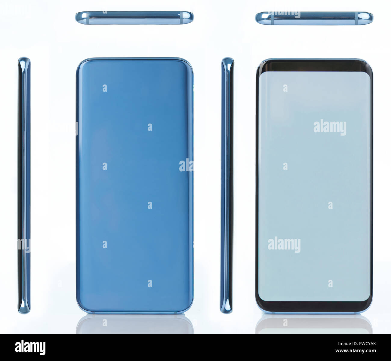 Generic blue Smartphone. Verschiedene Ansichten des modernen Telefons auf weißem studio Hintergrund isoliert Stockfoto
