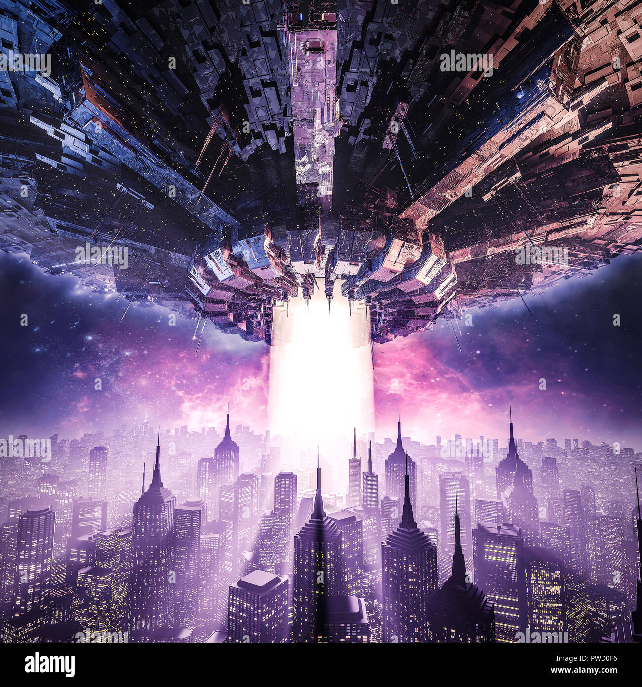 Die Invasion geht weiter-/3D-Darstellung der science fiction Szene mit riesigen außerirdisches Raumschiff schwebt in den Himmel über der Innenstadt Stadtteil Groß moder Stockfoto