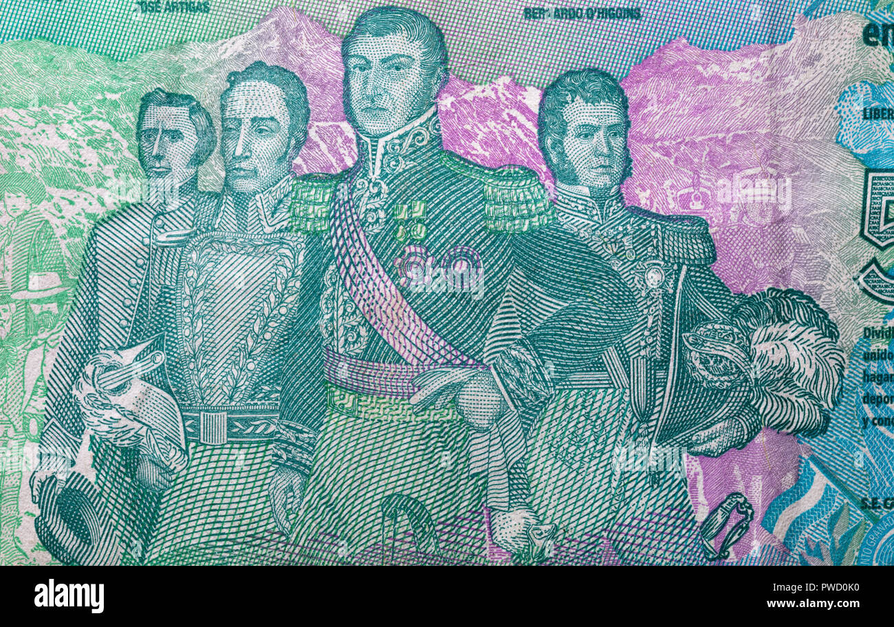 Portrait von Jose Artigas, Simon Bolivar, Jose de San Martin, Bernardo O'Higgins von 5 Pesos Banknote, Argentinien Stockfoto