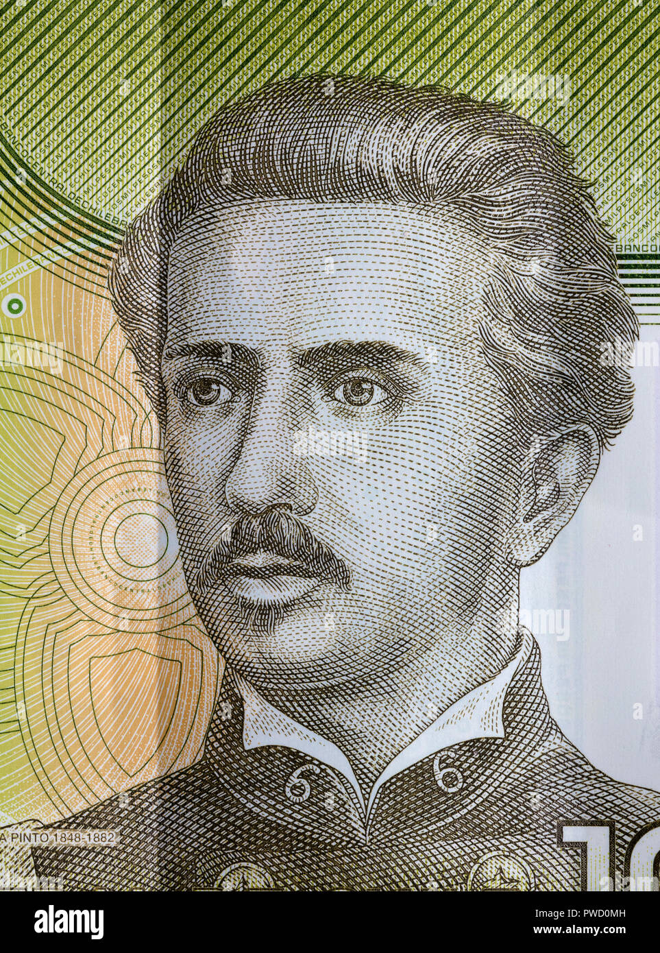 Portrait von Ignacio Carrera Pinto von 1000 Pesos Banknote, Chile, 2014 Stockfoto