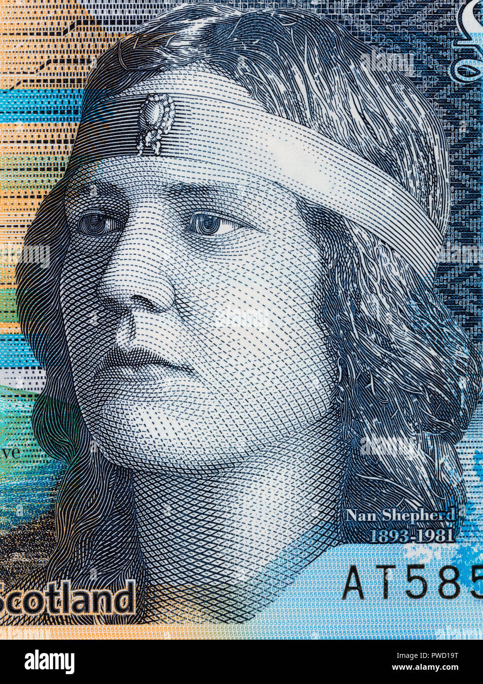 Portrait von Nan Hirte von 5 Pfund Banknote, Schottland, 2016 Stockfoto