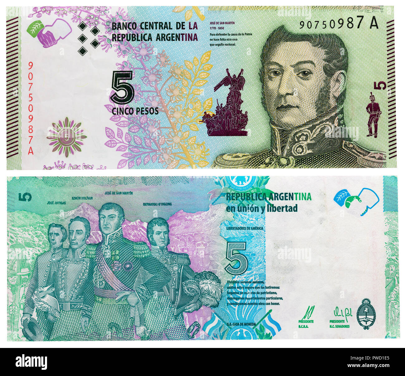 5 Pesos Banknote, Jose de San Martin, Argentinien Stockfoto