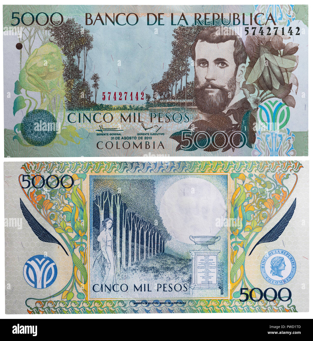 5000 Pesos Banknote, José Asunción Silva, Kolumbien, 2013 Stockfoto