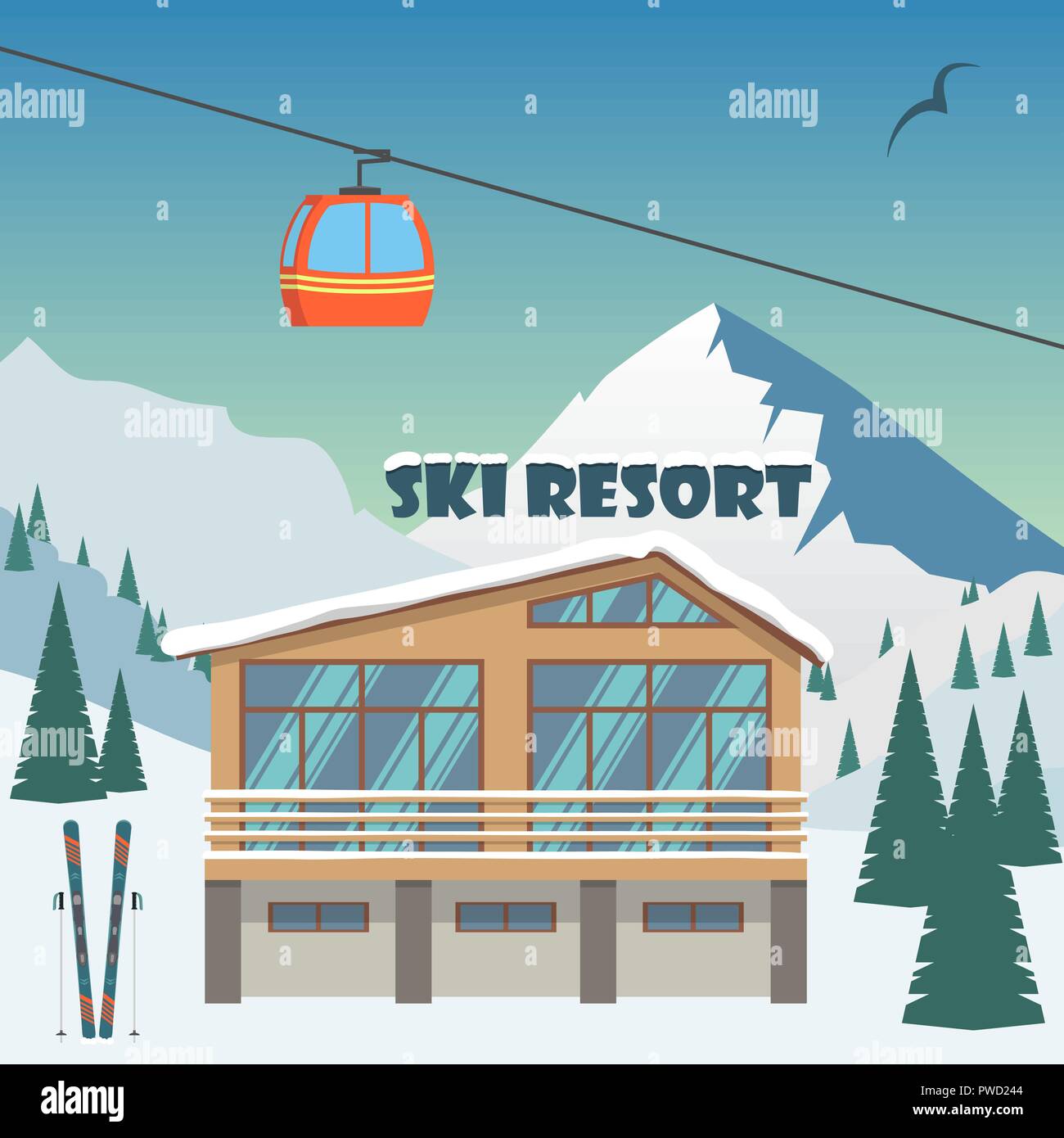 Ski Resort. Winter Berglandschaft mit Lodge, Skilift. Wintersport Urlaub Banner. Vector Illustration Stock Vektor