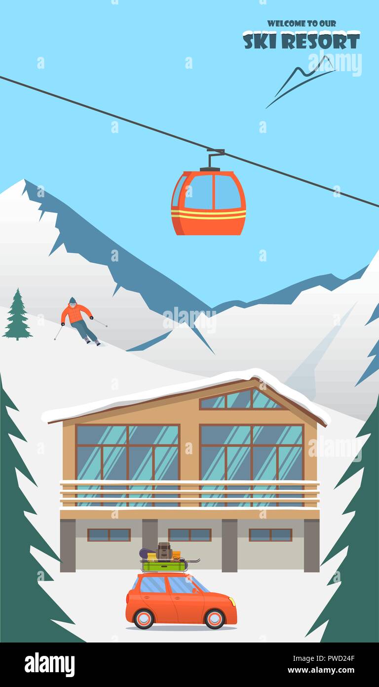 Ski Resort. Winter Berglandschaft mit Lodge, Skilift, Skifahrer, die Piste. Wintersport Urlaub Banner. Vector Illustration Stock Vektor