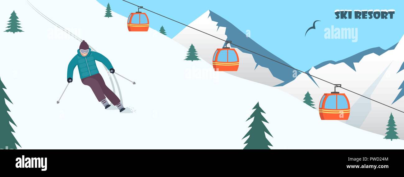 Ski Resort. Winter Berglandschaft mit Skilift und Skifahrer, die Piste. Wintersport Urlaub Banner. Vector Illustration Stock Vektor