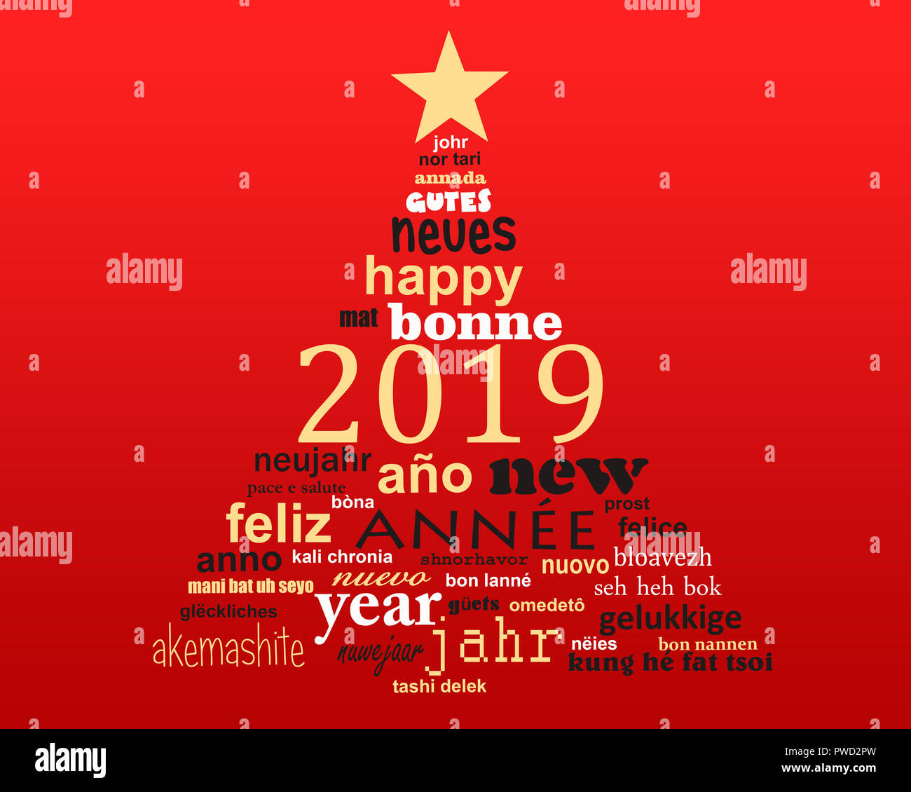 2019 Neues Jahr mehrsprachiger Text word cloud Grußkarte in der Form eines Weihnachtsbaumes Stockfoto