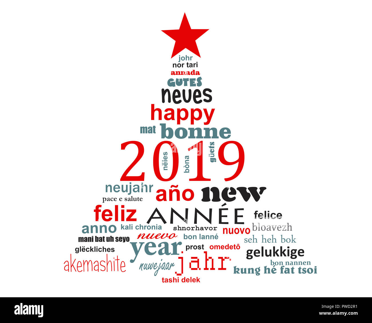 2019 Neues Jahr mehrsprachiger Text word cloud Grußkarte in der Form eines Weihnachtsbaumes Stockfoto