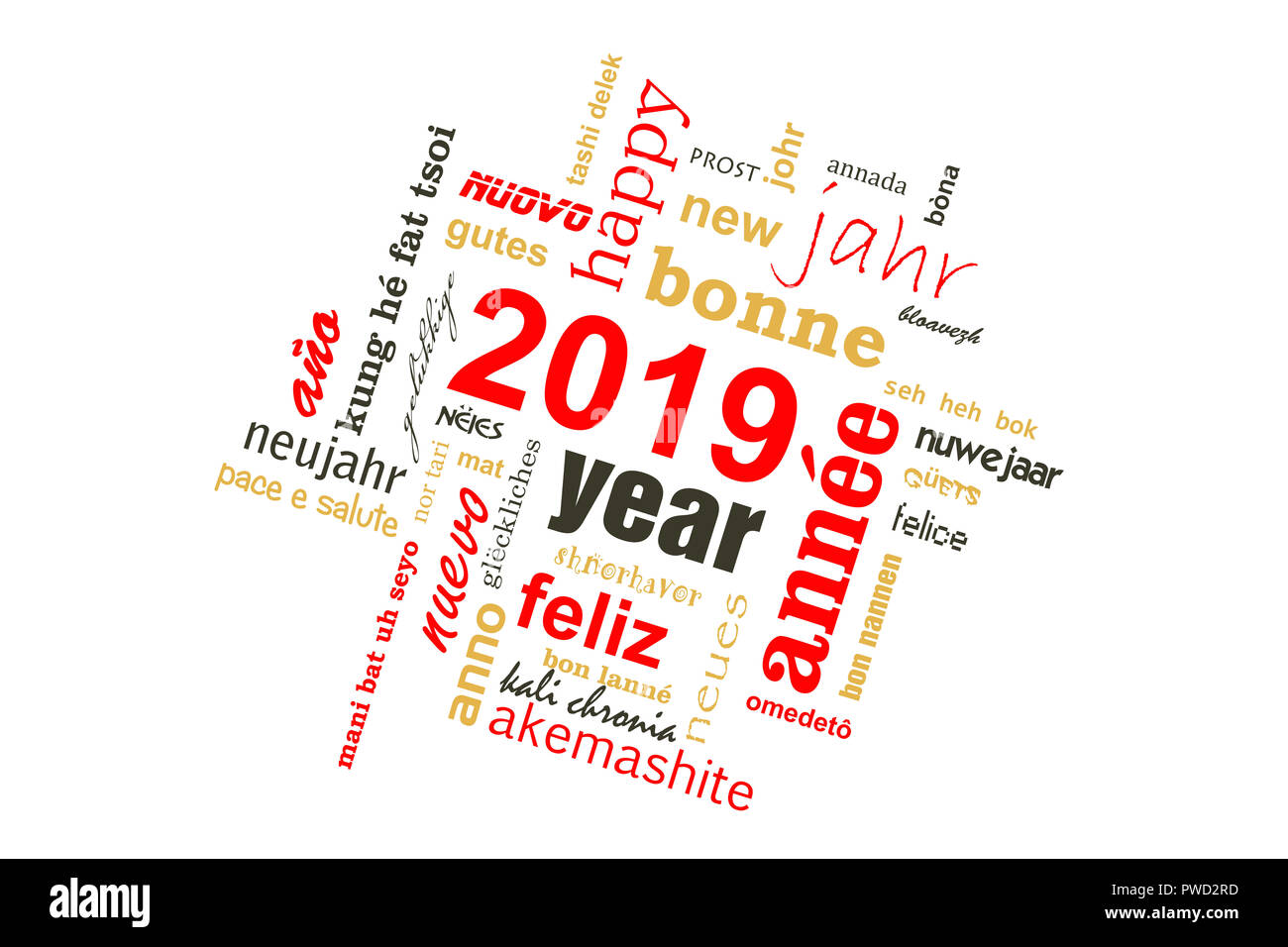 2019 Neues Jahr mehrsprachiger Text word cloud Grußkarte Stockfoto