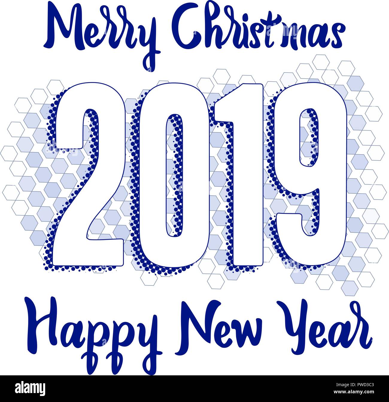 Frohes Neues Jahr 2019 Grußkarten mit Zahlen auf Hex Hintergrund. Frohe Weihnachten Text Flyer oder Poster Design Stock Vektor