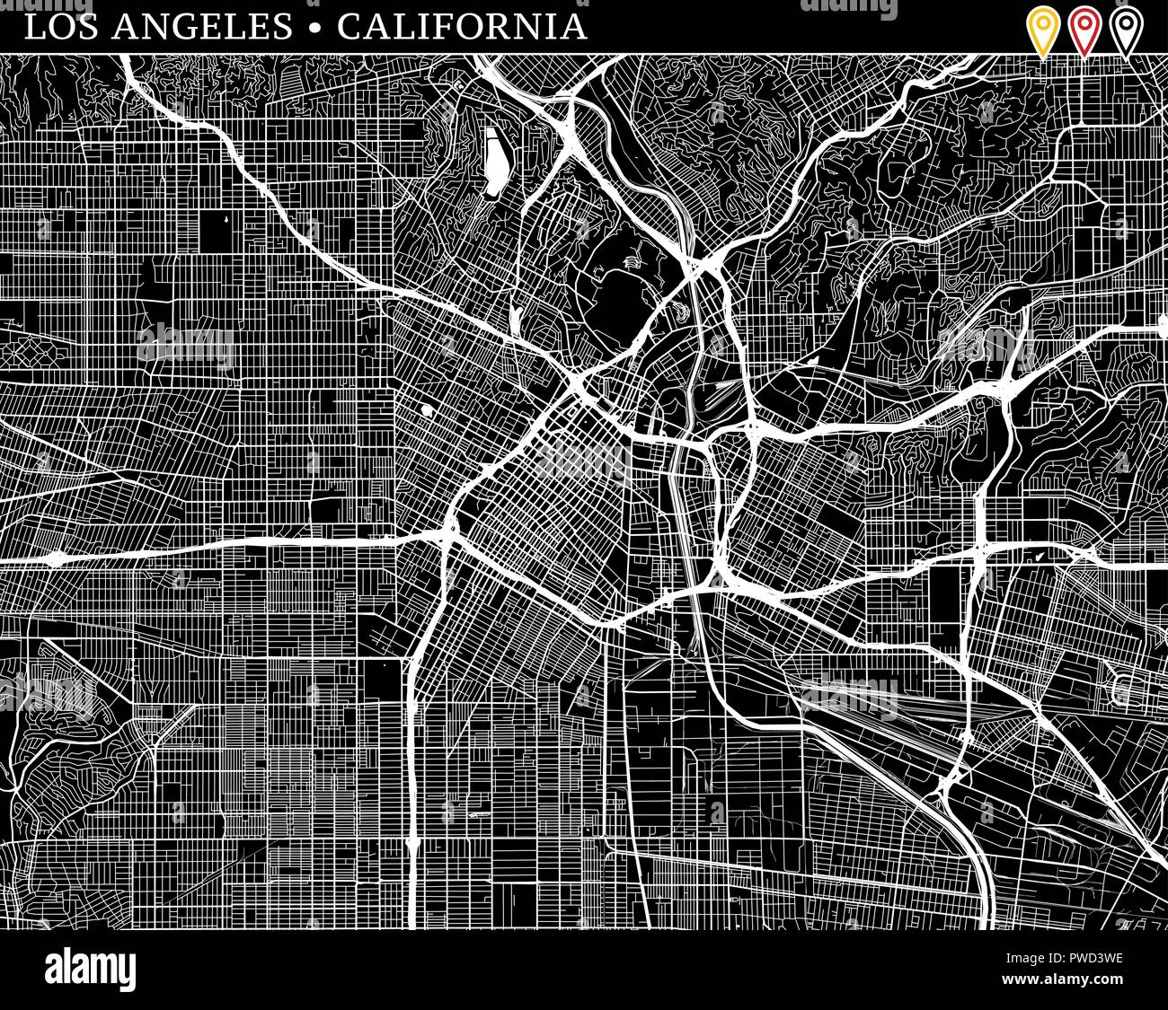 Einfache Karte von Los Angeles, Kalifornien, USA. Schwarze und weiße Version für saubere Hintergründe und druckt. Diese Karte von Los Angeles enthält drei Marker w Stock Vektor