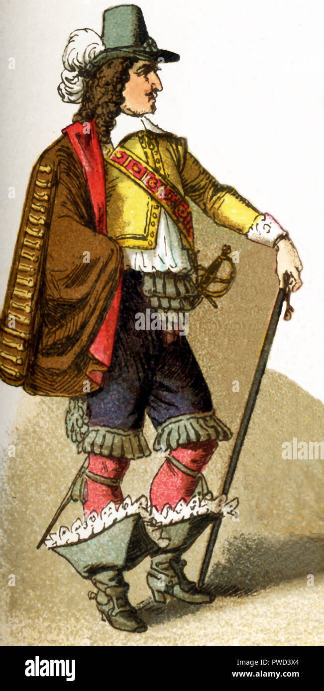 Die Zahlen vertreten sind hier alle Franzosen leben im 17. Jahrhundert, speziell zwischen 1600 und 1670. Sie sind, von links nach rechts drei Herren des Hofes, Kardinal Mazarin, drei Damen des Gerichtshofes; Herr des Gerichts; Soldat; Bauern. Die Abbildung stammt aus dem Jahre 1882. Stockfoto