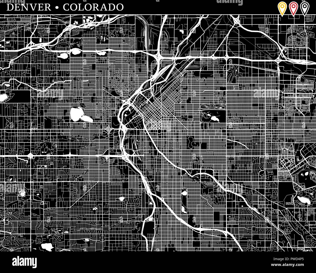 Einfache Karte von Denver, Colorado, USA. Schwarze und weiße Version für saubere Hintergründe und druckt. Diese Karte von Denver enthält drei Markierungen, die Gruppe Stock Vektor