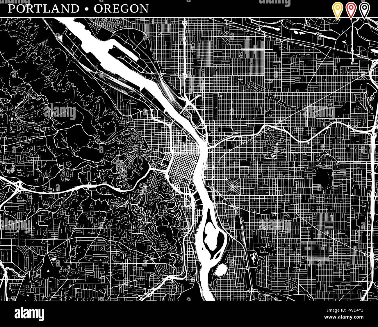 Einfache Karte Von Portland Oregon Usa Schwarze Und Weisse Version Fur Saubere Hintergrunde Und Druckt Diese Karte Von Portland Enthalt Drei Markierungen Die Gro Stock Vektorgrafik Alamy