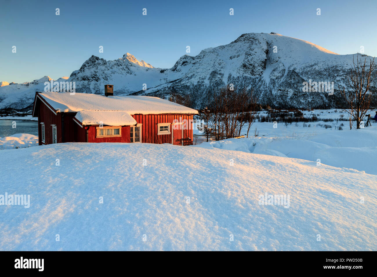 Die typisch norwegische Fischerhütte genannt Rorbu durch frischen Schnee, Svollvaer, Lofoten, Norwegen, Europa umgeben Stockfoto