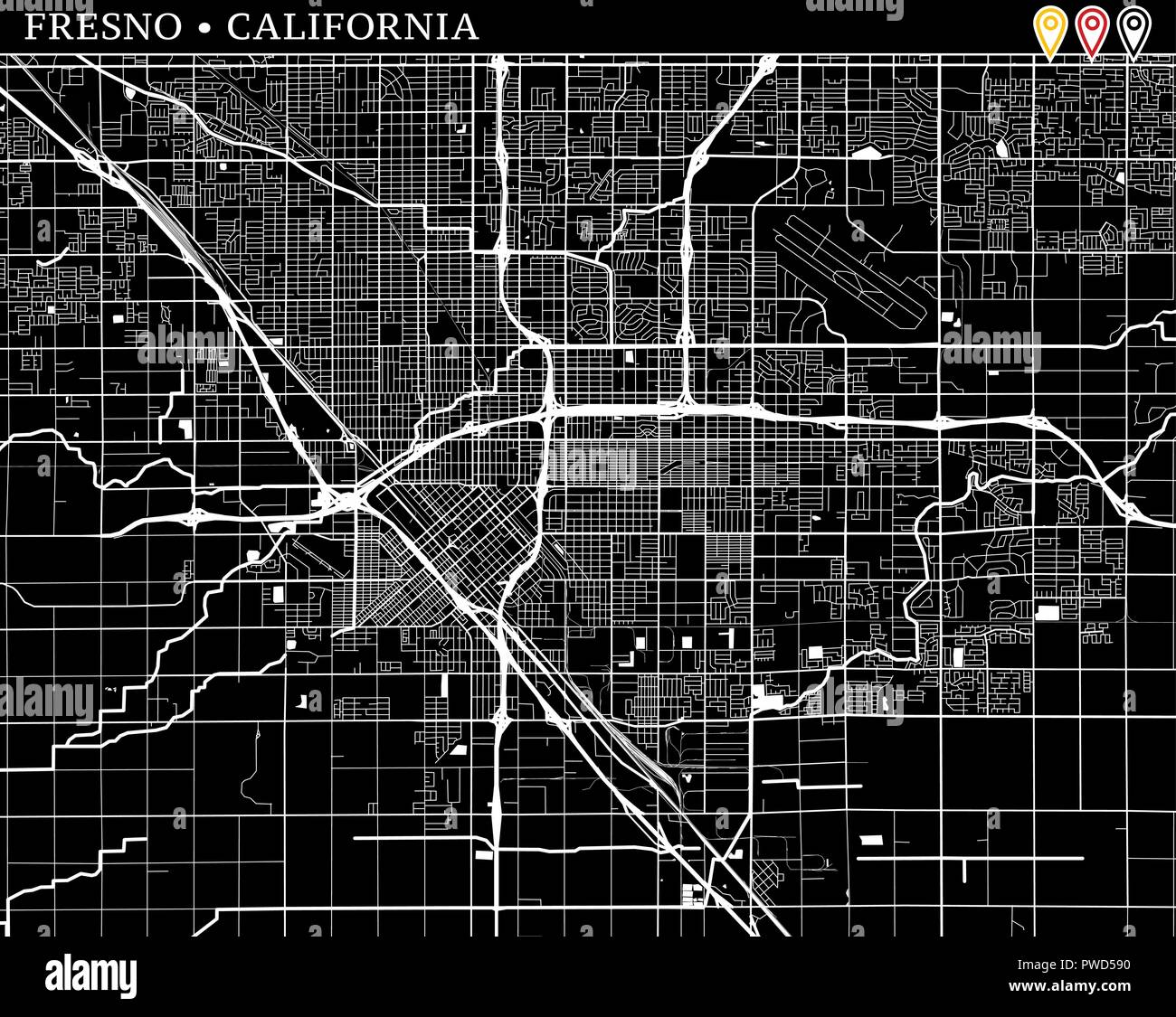 Einfache Karte von Fresno, Kalifornien, USA. Schwarze und weiße Version für saubere Hintergründe und druckt. Diese Karte von Fresno enthält drei Markierungen, die gro Stock Vektor