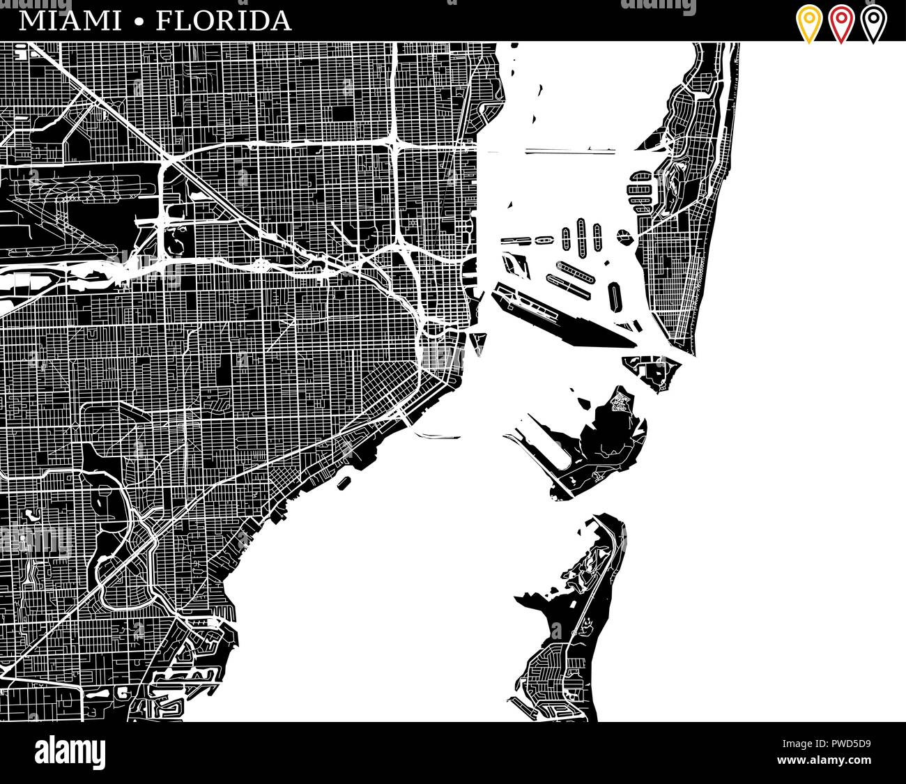 Einfache Karte von Miami, Florida, USA. Schwarze und weiße Version für saubere Hintergründe und druckt. Diese Karte von Miami enthält drei Markierungen, die gruppiert sind Stock Vektor