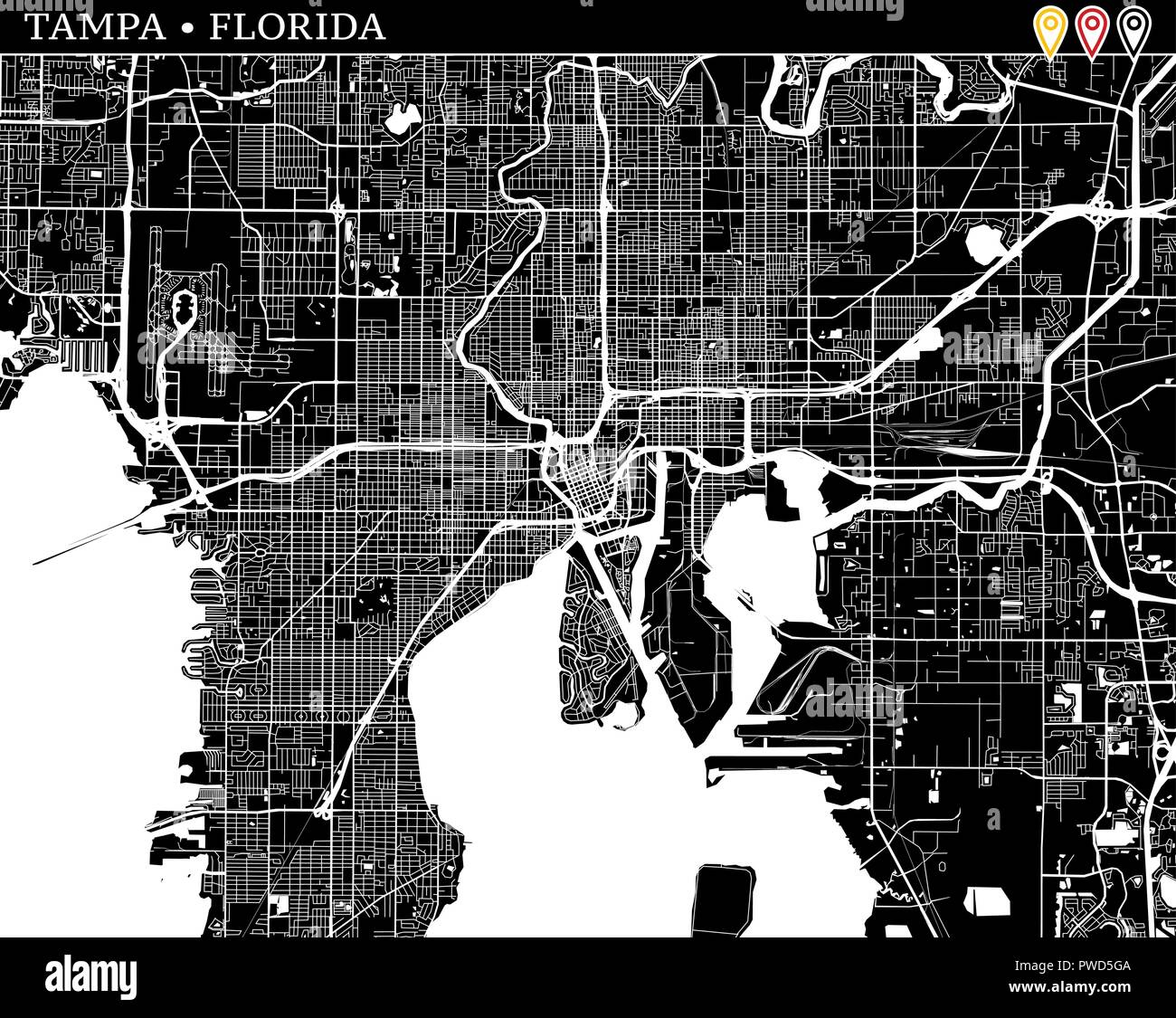 Einfache Karte von Tampa, Florida, USA. Schwarze und weiße Version für saubere Hintergründe und druckt. Diese Karte von Tampa enthält drei Markierungen, die gruppiert sind Stock Vektor