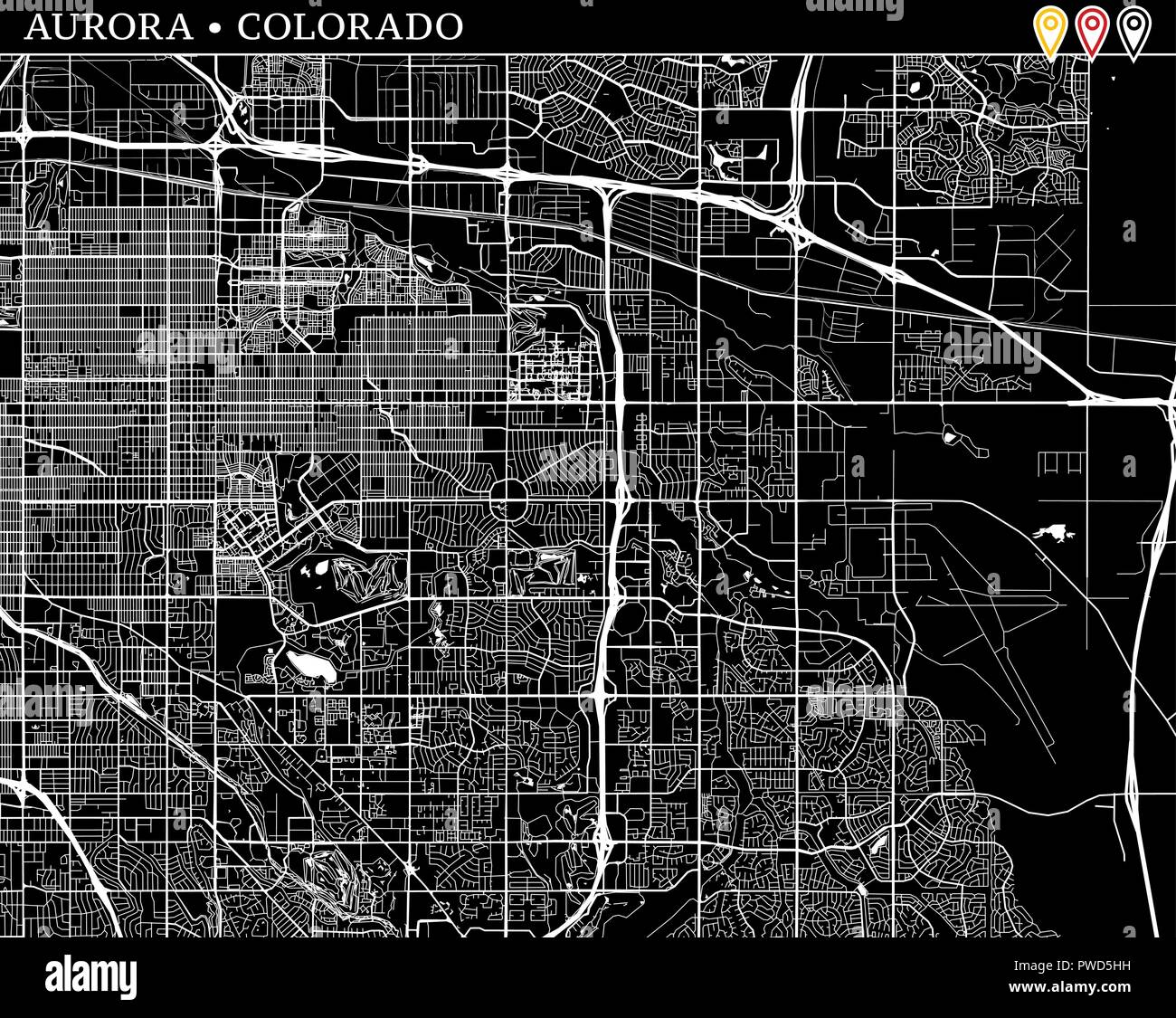 Einfache Karte von Aurora, Colorado, USA. Schwarze und weiße Version für saubere Hintergründe und druckt. Diese Karte von Aurora enthält drei Markierungen, die Gruppe Stock Vektor