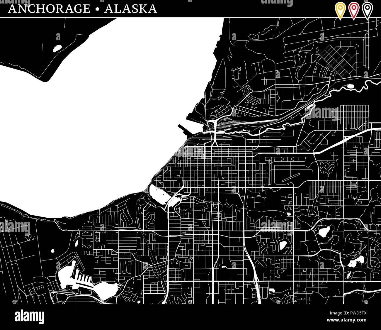 Einfache Karte von Anchorage, Alaska, USA. Schwarze und weiße Version für saubere Hintergründe und druckt. Diese Karte von Anchorage enthält drei Markierungen, die g Stock Vektor