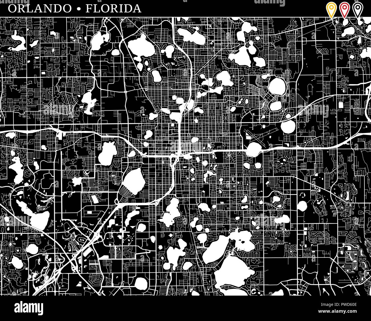 Einfache Karte von Orlando, Florida, USA. Schwarze und weiße Version für saubere Hintergründe und druckt. Diese Karte von Orlando enthält drei Markierungen, die Grou Stock Vektor