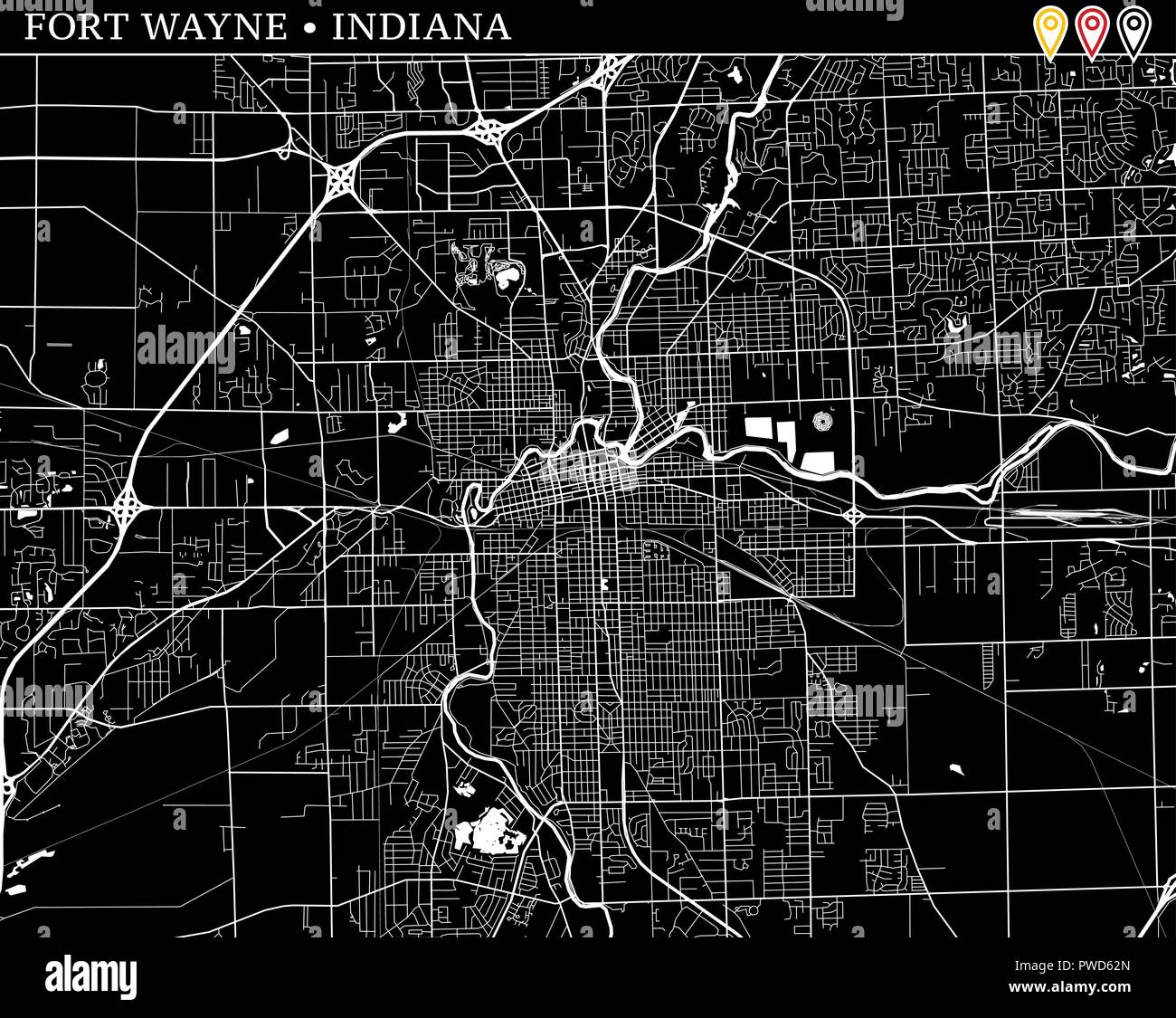 Einfache Karte von Fort Wayne, Indiana, USA. Schwarze und weiße Version für saubere Hintergründe und druckt. Diese Karte von Fort Wayne enthält drei Markierungen, die Ar Stock Vektor