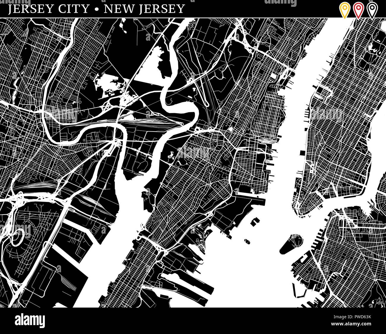 Einfache Karte von Jersey City, New Jersey, USA. Schwarze und weiße Version für saubere Hintergründe und druckt. Diese Karte von Jersey City enthält drei Marker w Stock Vektor