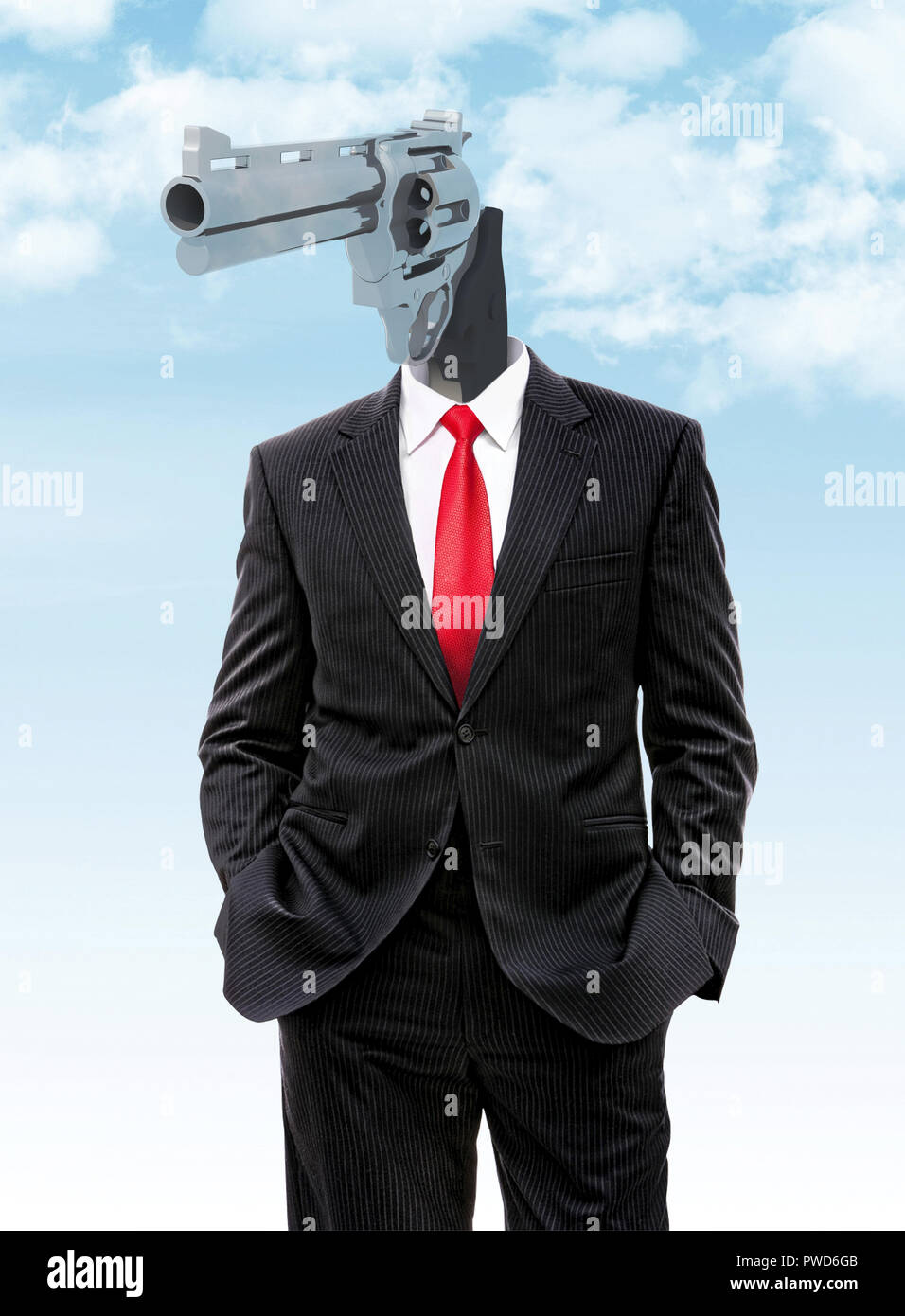 Business Mann mit Gewehr statt Kopf, 3D-Darstellung Stockfoto