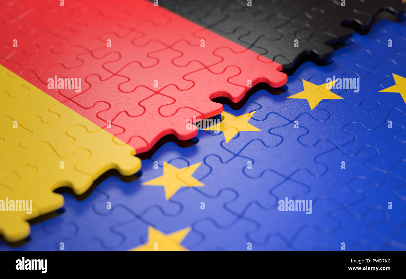 Flagge Deutschlands und der Europäischen Union in Form der Puzzleteile im Konzept von Politik und wirtschaftlichen Union. Stockfoto