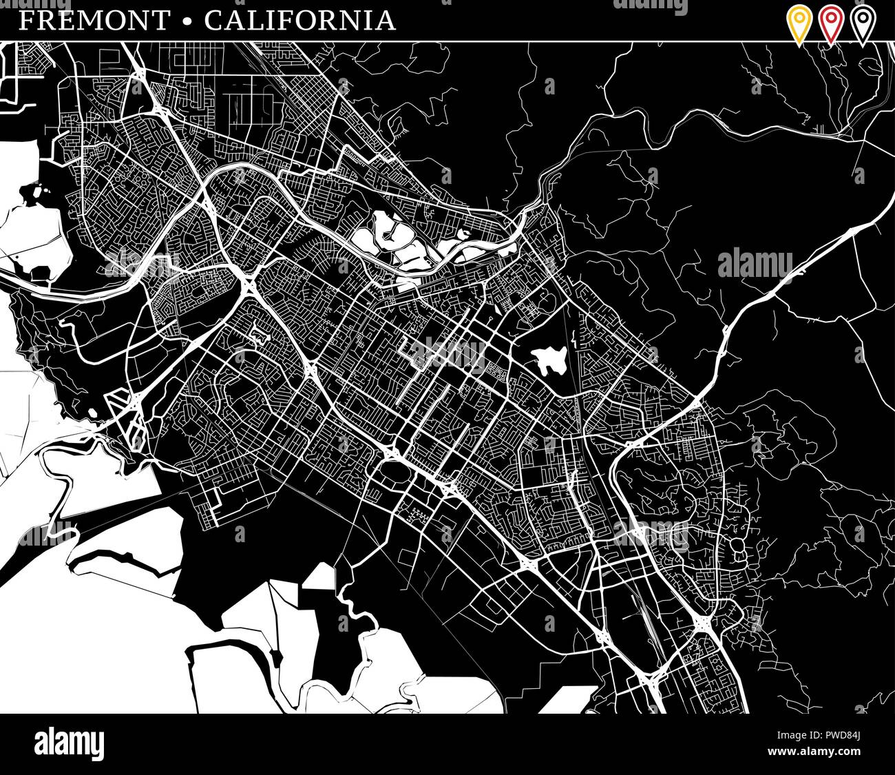 Einfache Karte von Fremont, Kalifornien, USA. Schwarze und weiße Version für saubere Hintergründe und druckt. Diese Karte von Fremont enthält drei Markierungen, die g Stock Vektor