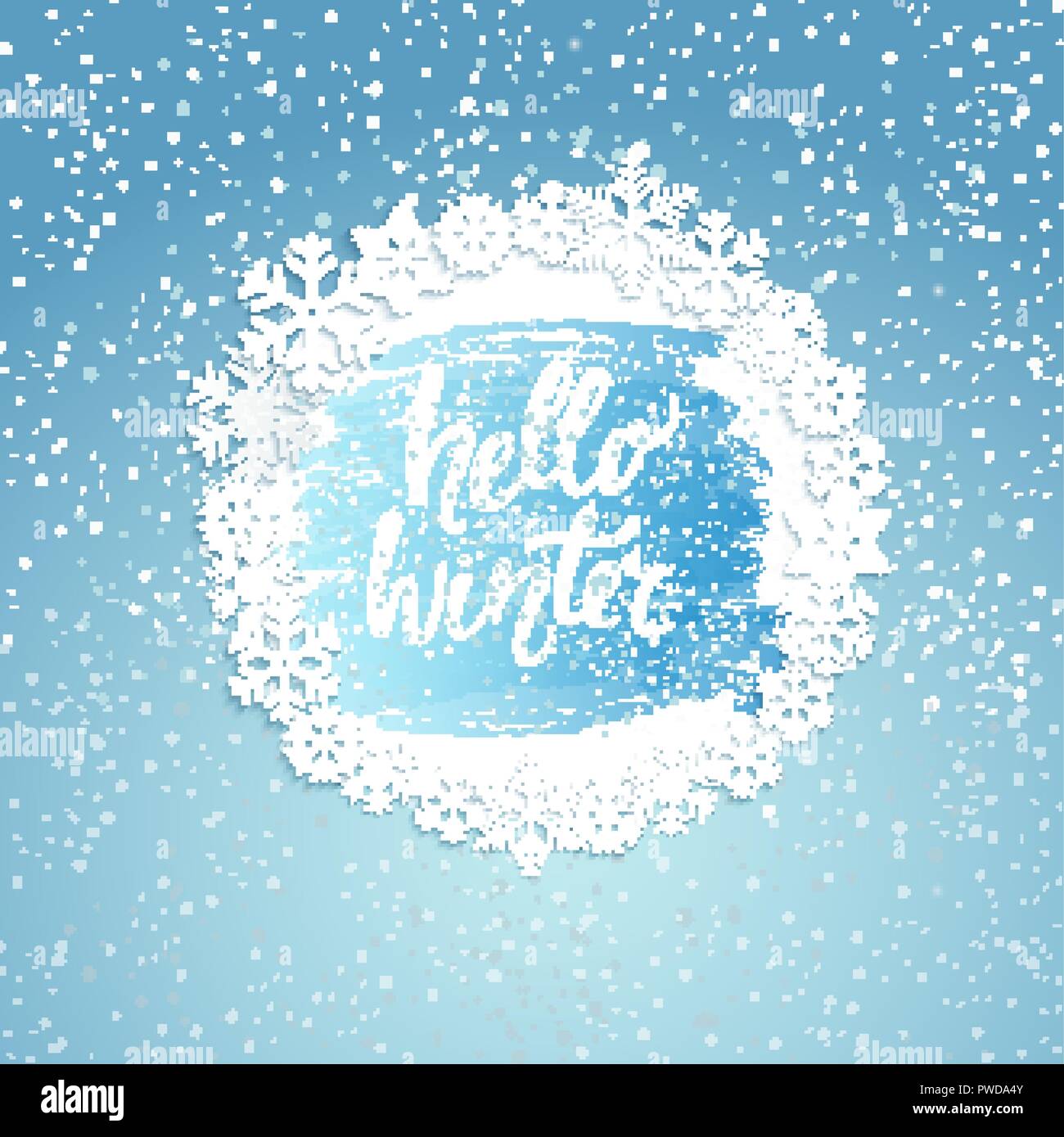 Hallo Winter Grußkarte mit Vintage frame von Schneeflocken. Gruß Winter mit Silvester und Weihnachten, handgezeichneten Schriftzug. Vector Illustration. Stock Vektor
