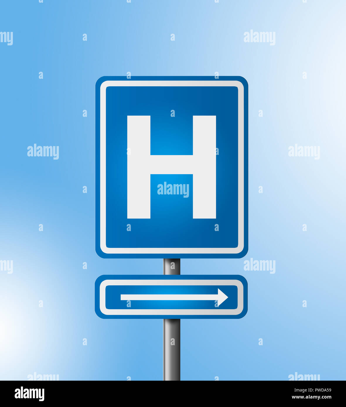 Krankenhaus rechts Richtung Blau Straßenschild, Verkehrsschild Stockfoto