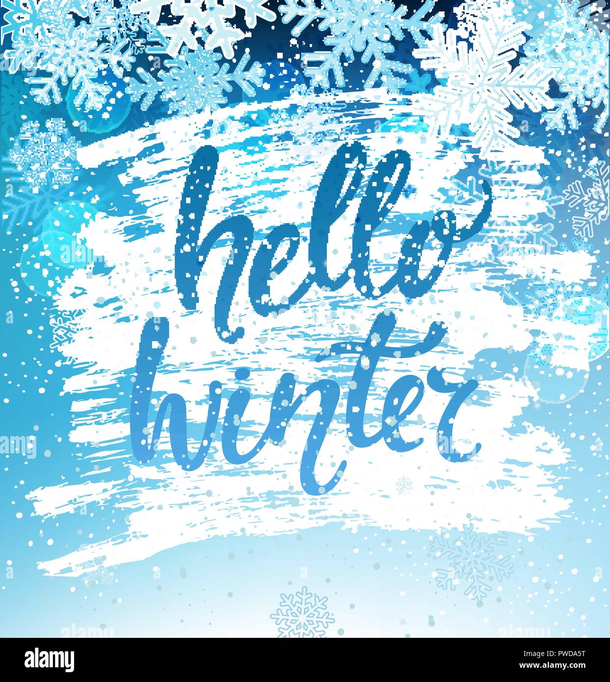 Hallo Winter Grußkarte mit Schneeflocken. Gruß Winter mit Silvester und Weihnachten Hand gezeichnet Schriftzug. Vector Illustration. Stock Vektor