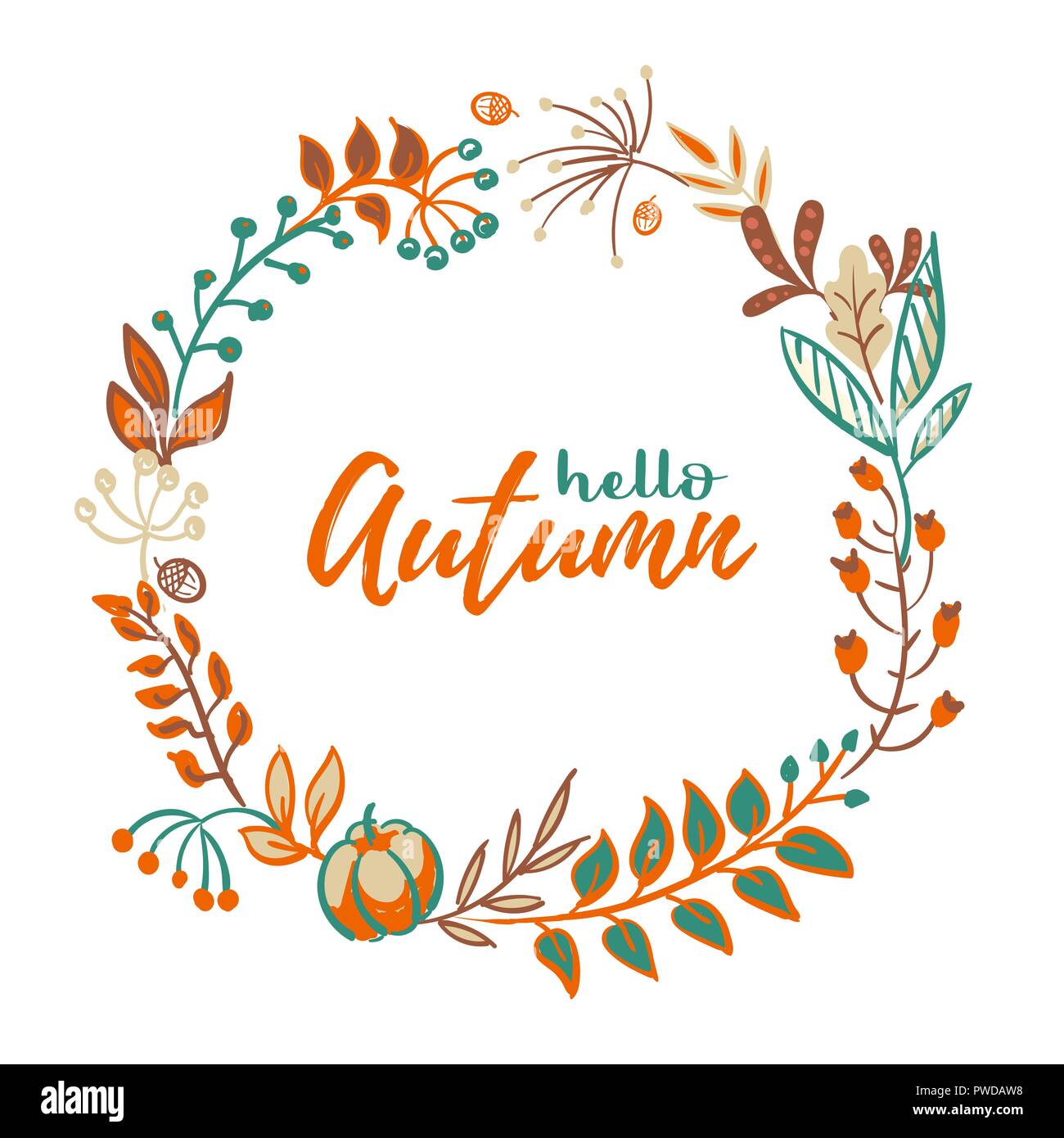 Vektor Kranz von Herbst Blätter und Früchte in doodle Stil. Schöne runde Kranz der gelbe und rote Blätter, Eicheln, Beeren, Zapfen und Verzweigungen. Einrichtung für Einladungen, Grußkarten, Poster. Stock Vektor