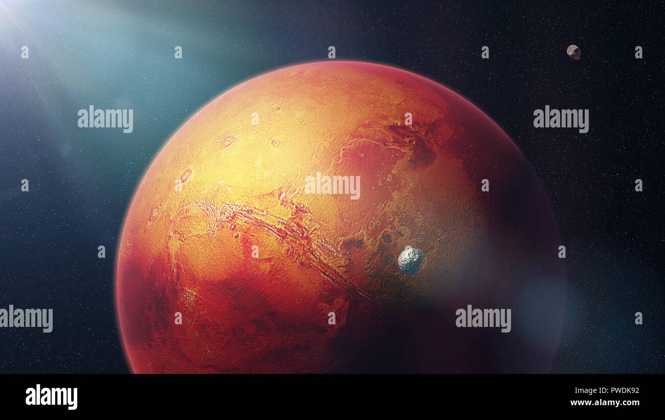 Der rote Planet Mars mit Marsmonde Phobos und Deimos Stockfoto