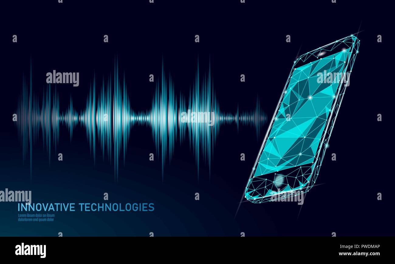 Sound Anerkennung Voice Assistant Low Poly-Smartphone. Drahtmodell mesh Polygonale 3D-Render sound innovative Technologie Wellenform. Audio Equalizer Digitaler Computer concept Vector Illustration Stock Vektor