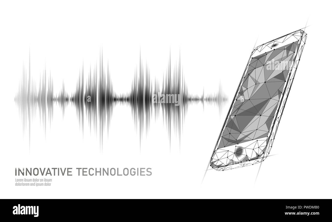 Sound Anerkennung Voice Assistant Low Poly-Smartphone. Drahtmodell mesh Polygonale 3D-Render sound innovative Technologie Wellenform. Audio Equalizer Digitaler Computer concept Vector Illustration Stock Vektor