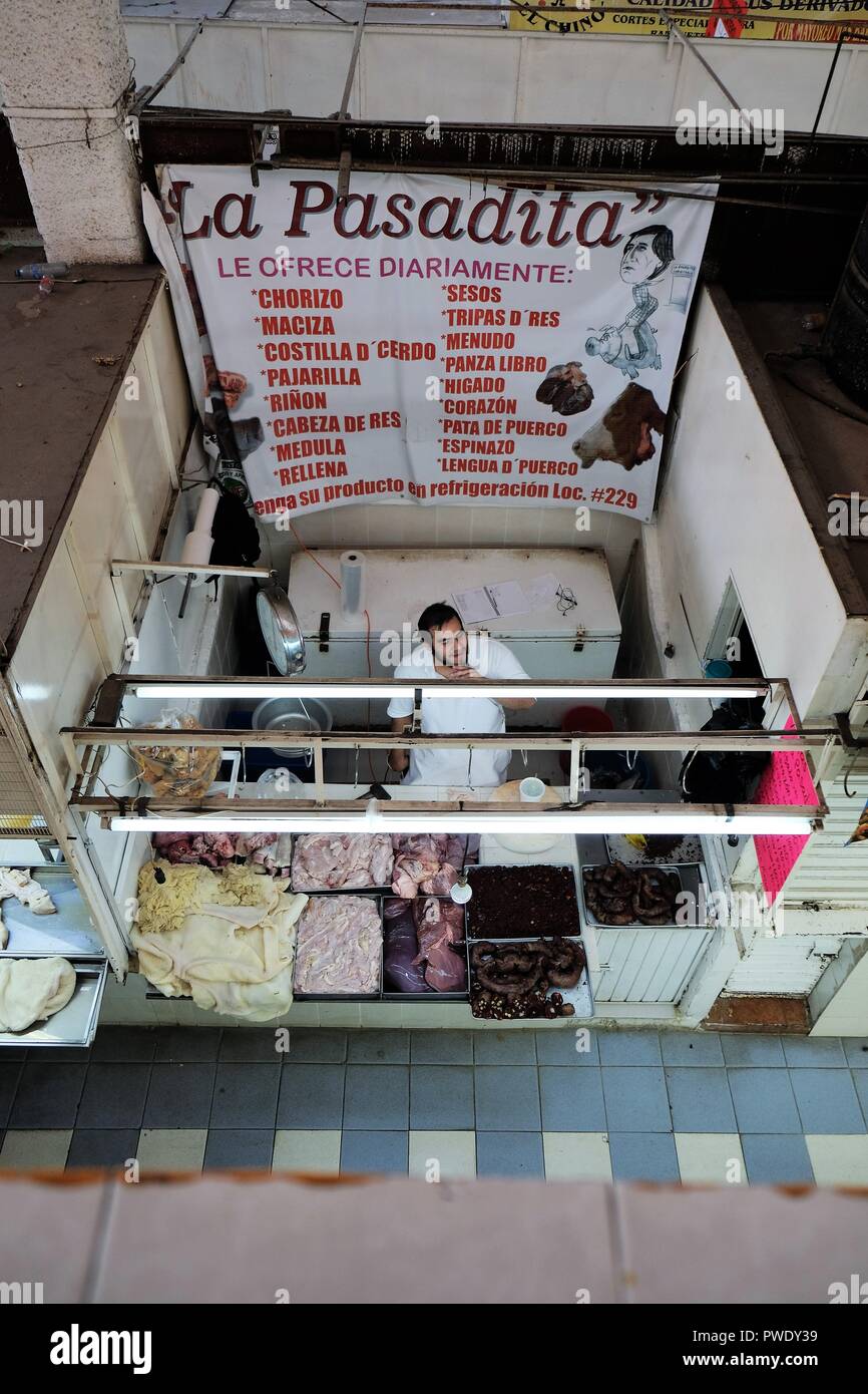 Im Mercado La Soledad, spezialisiert auf Schweine- und Rindfleisch Darm für den menschlichen Verzehr Abschaltdruck (Leon, Guanajuato, Mexiko). Stockfoto