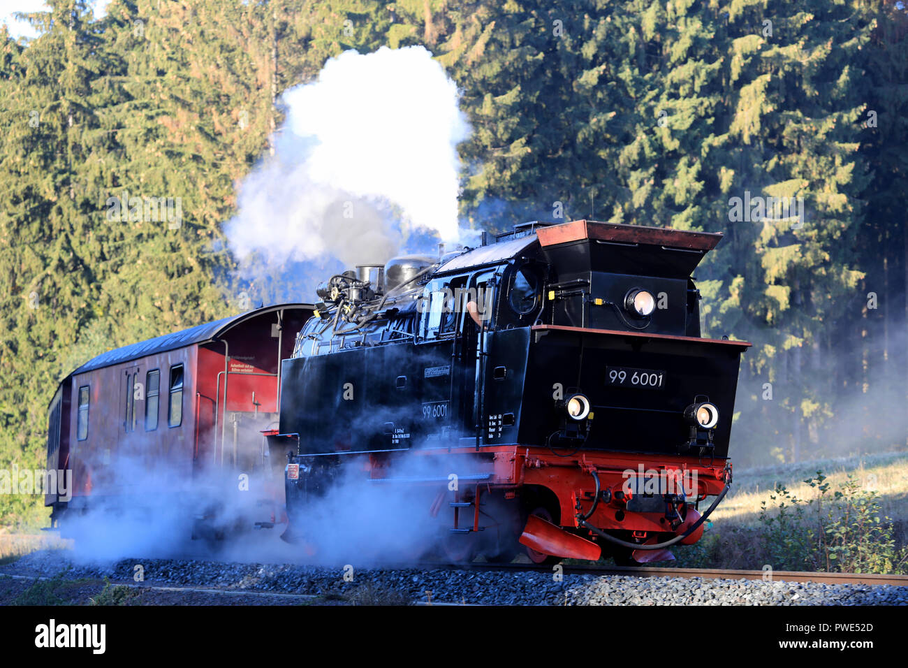 11 Oktober 2018, Sachsen-Anhalt, Gernrode: 11. Oktober 2018, Deutschland, Gernrode: ein Zug der Harzer Schmalspurbahn (HSB) verläuft durch das herbstliche Selketal in der Nähe von gernrode im Harz. Seit ein paar Tagen die Lokomotive mit der Nummer 99 6001 hier wieder ausgeführt worden ist. Die dampflokomotive von der Firma Krupp am 01. Juli 1939 geliefert wird per Bahn Fans eines der Juwelen der Bahn und zu dieser Zeit sein, eine maximale Geschwindigkeit von 50 Kilometer pro Stunde erreicht. Die Gernrode-Harzgeroder Eisenbahn-Gesellschaft (GHE) eröffnete den ersten Meter lane Eisenbahn im Harz 18. Stockfoto