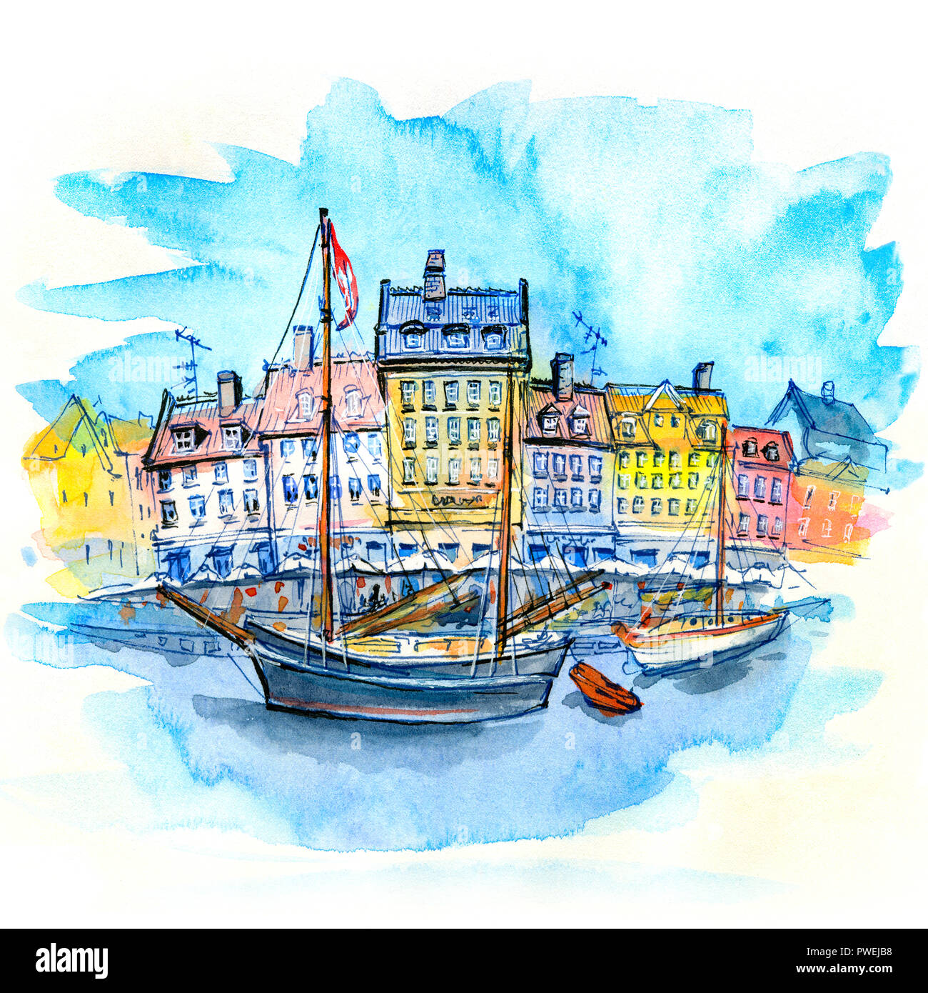 Aquarell Skizze von Nyhavn, Kopenhagen, Dänemark. Stockfoto