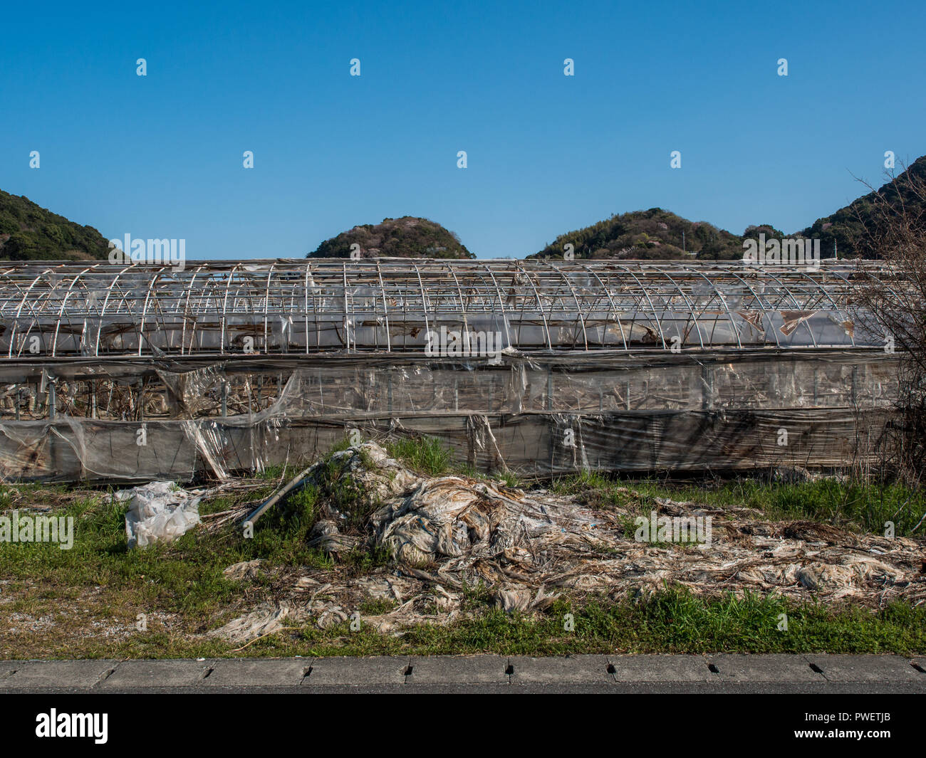 Abgebrochene verfallende Kunststoff tunnel House und Kunststoffabfällen, Kochi, Shikoku, Japan Stockfoto