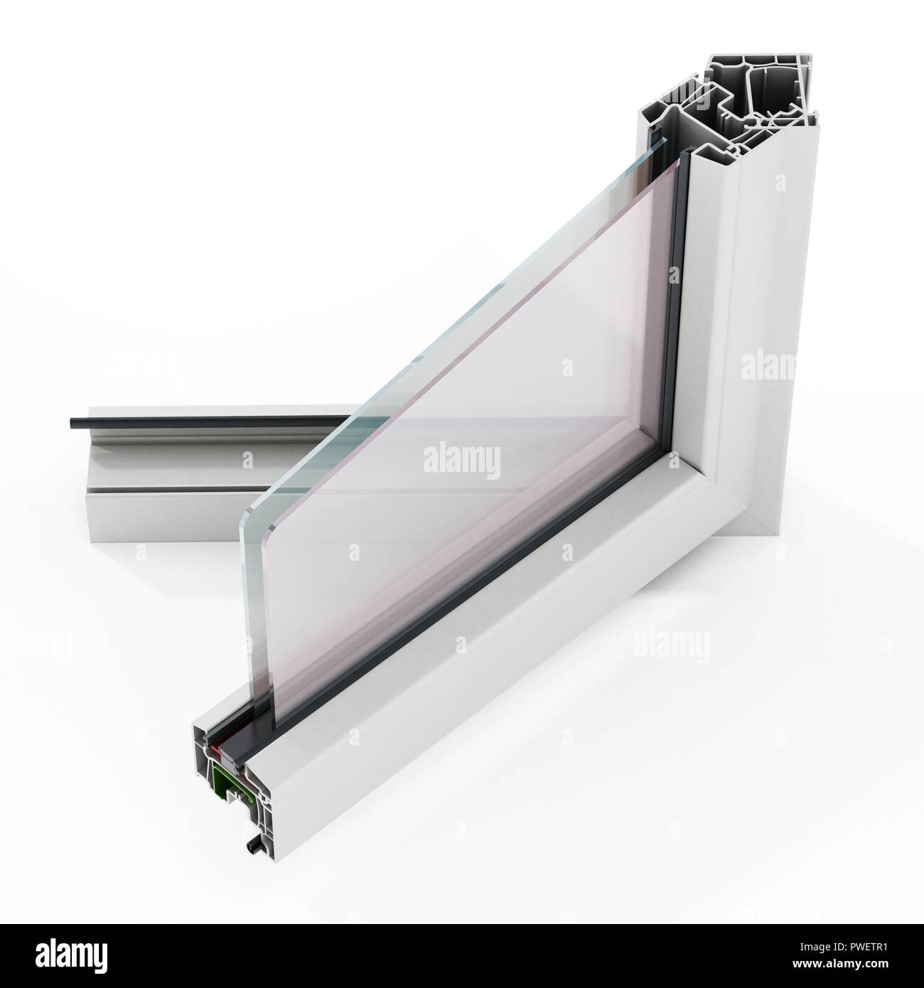 PVC-Fenster Detail auf weißem Hintergrund. 3D-Darstellung. Stockfoto