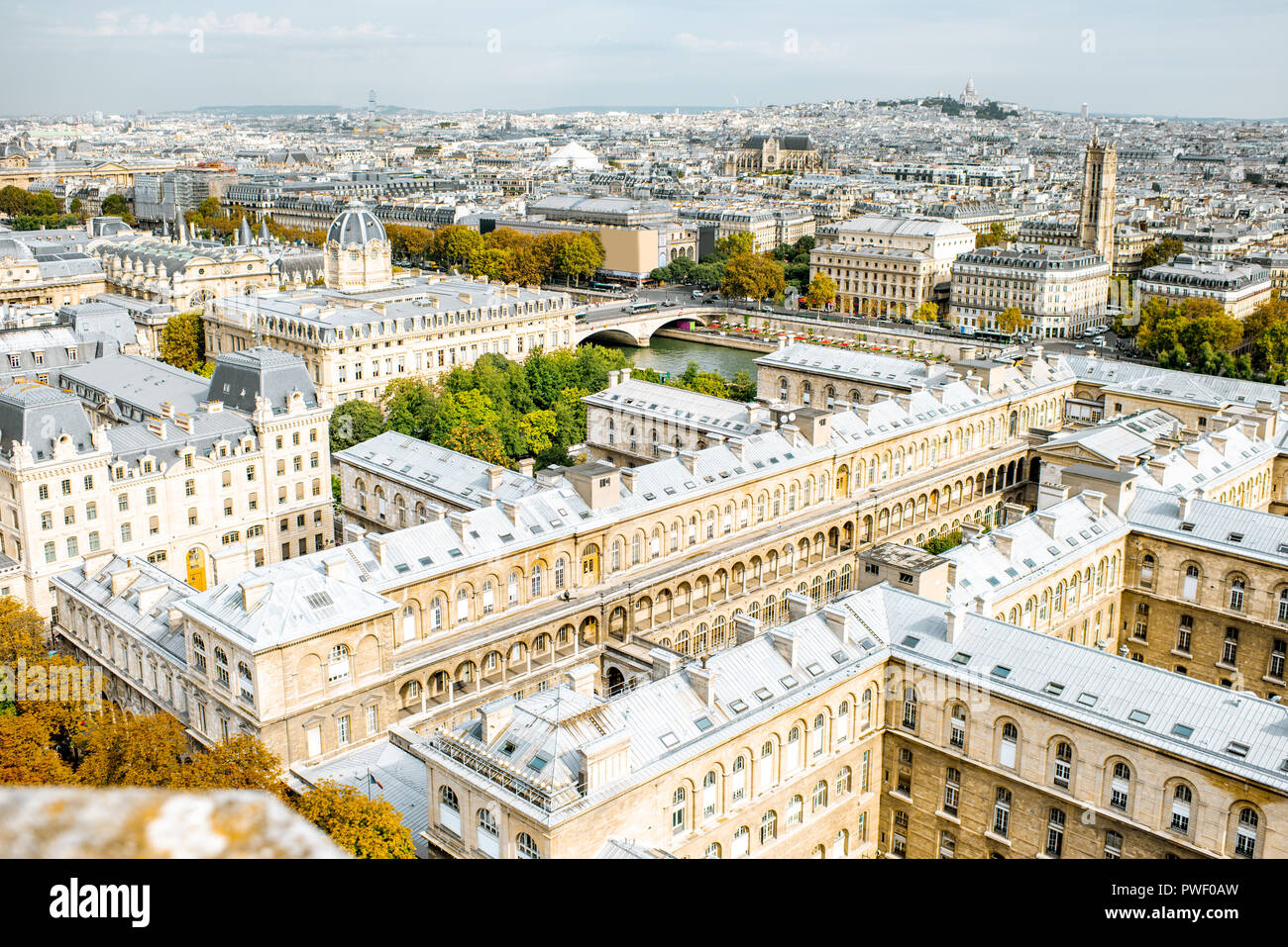 Antenne Panoramablick auf Paris aus der Kathedrale Notre-Dame im Morgenlicht in Frankreich Stockfoto