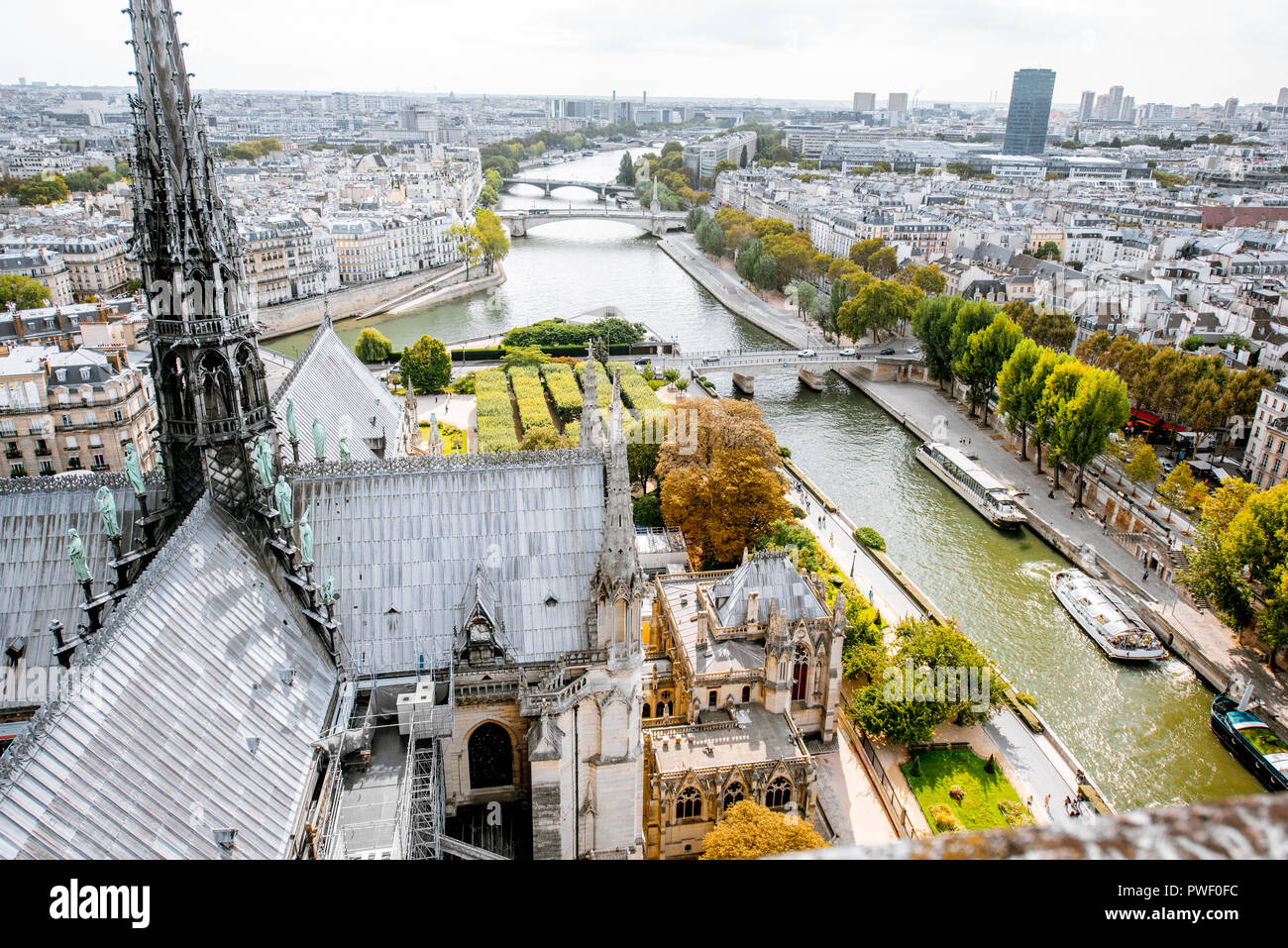 Antenne Panoramablick auf Paris aus der Kathedrale Notre-Dame im Morgenlicht in Frankreich Stockfoto