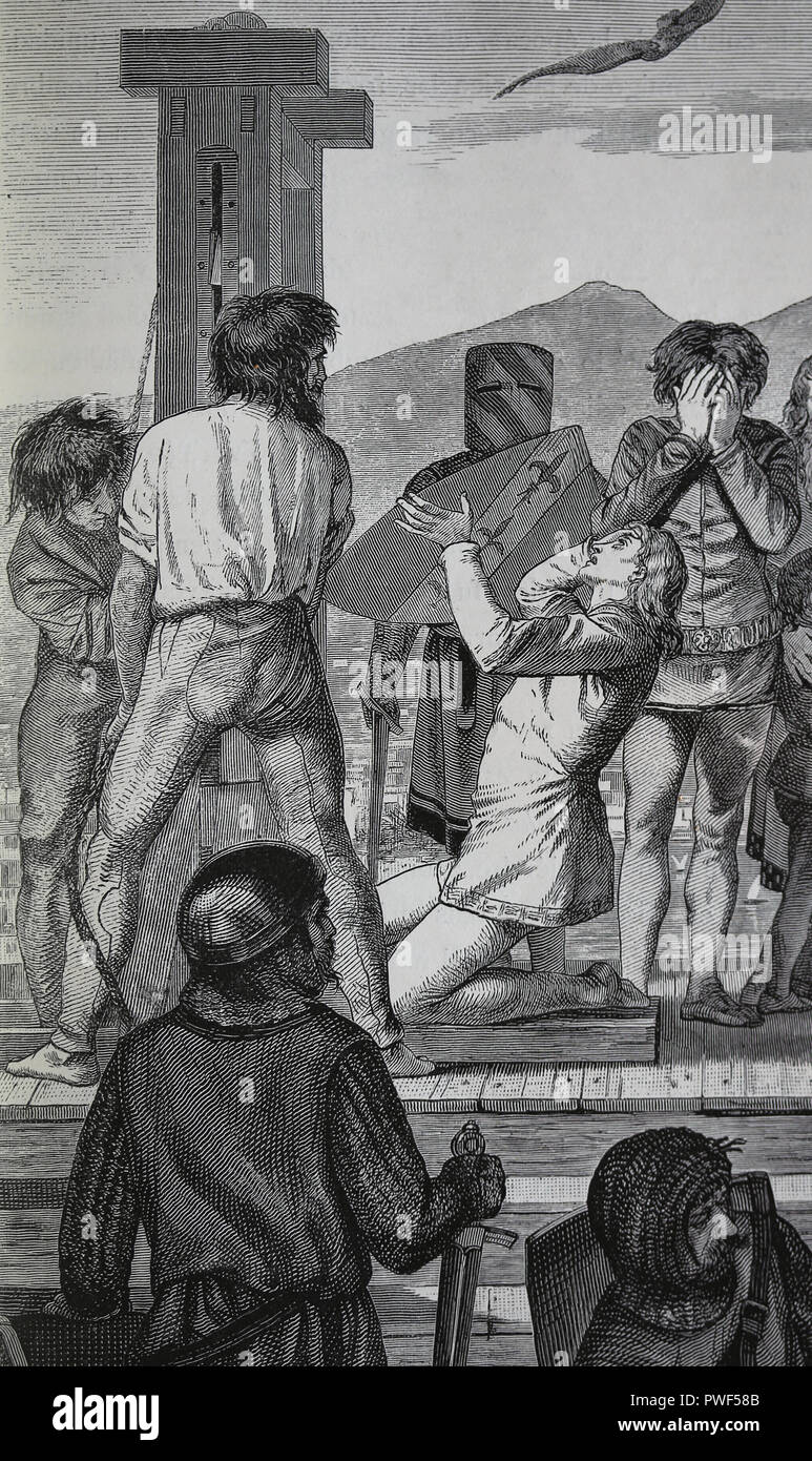 Conrad V von Deutschland. König der Deutschen, Sizilien und Jerusalem. Szene seiner Ausführung. Kupferstich von Germania, 1882. Stockfoto