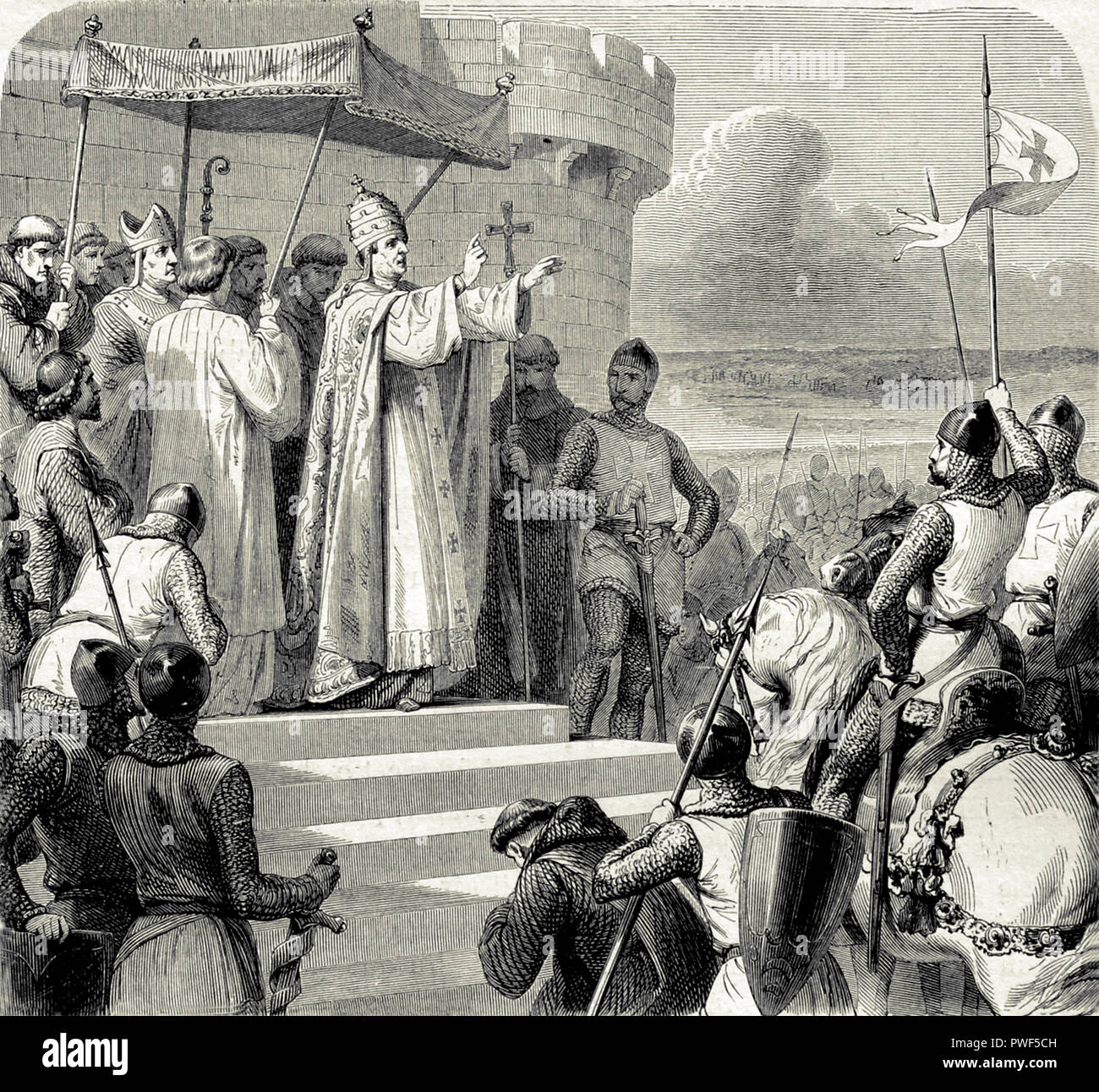 Papst Urban II. (1035-1099) Segen die Kreuzfahrer und die Verkündigung des Ersten Kreuzzugs, ca. 1095. 11. Jahrhundert. Gravur Stockfoto