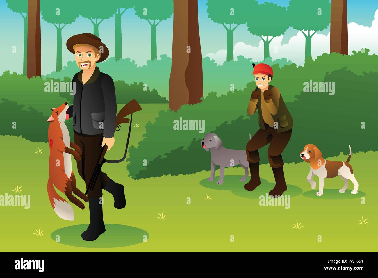 Ein Vektor Illustration der Jäger mit seinen Hunden die Jagd ein Fuchs Stock Vektor